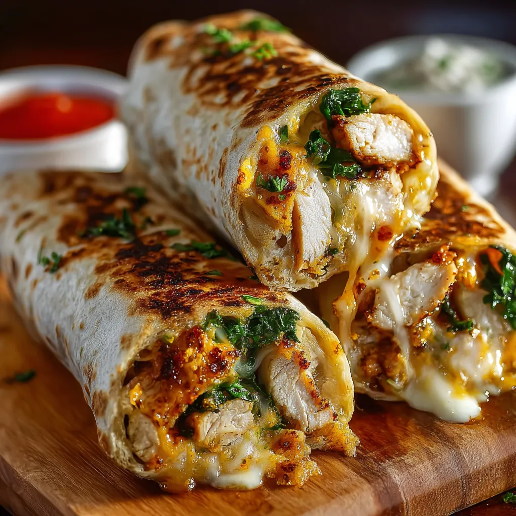Close-up view of delicious Cheesy Garlic Chicken Wraps, showing the melted cheese and flavorful chicken filling.