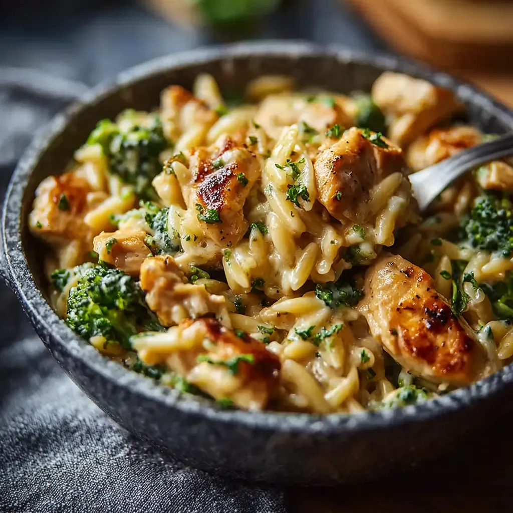 Creamy, cheesy chicken and broccoli orzo dish.