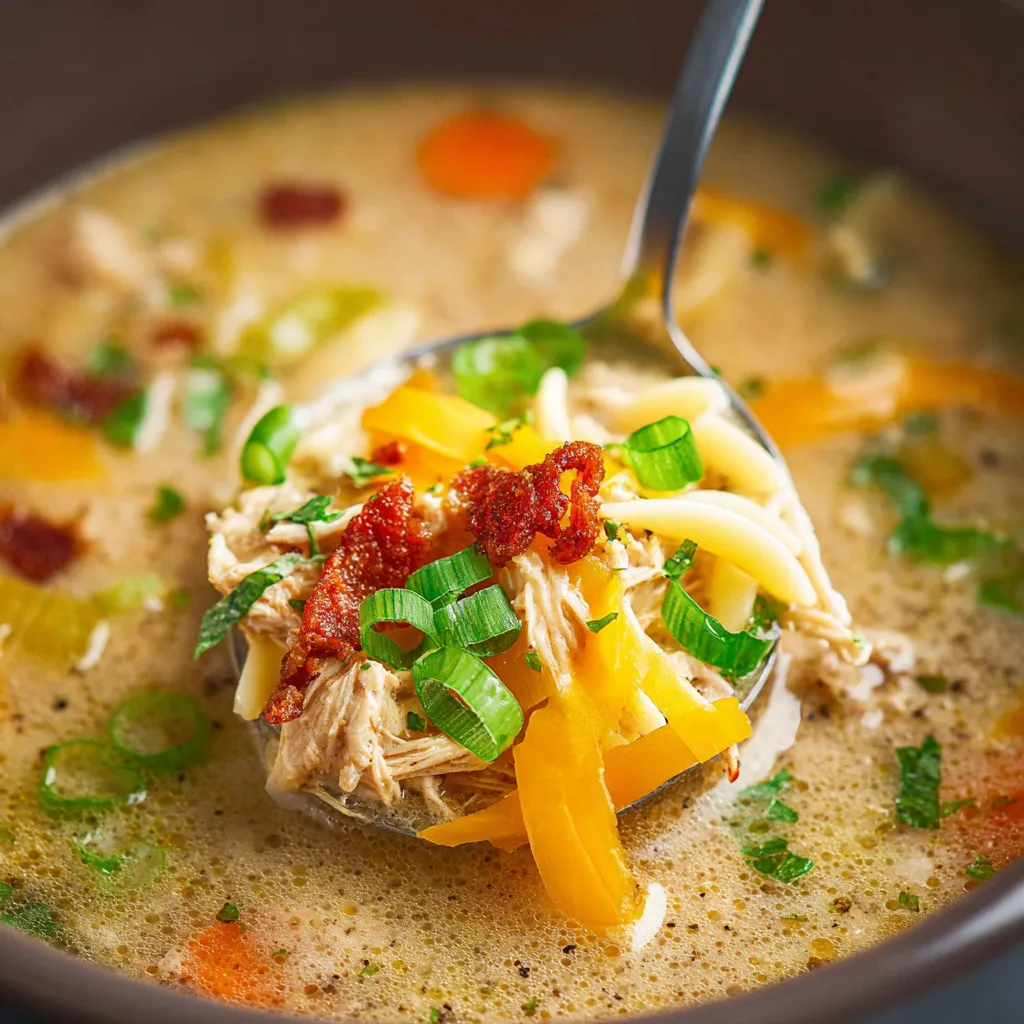 A steaming bowl of creamy crockpot cheeseburger soup, garnished with fresh parsley and crispy bacon.