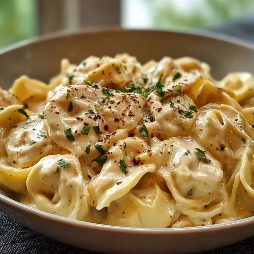 Creamy Crockpot Chicken Alfredo Tortellini dish with pasta, chicken, and a creamy sauce in a slow cooker.