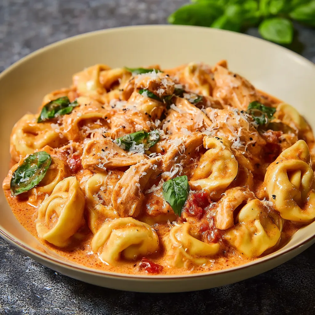 A delicious and creamy CrockPot dish featuring chicken and tortellini pasta.