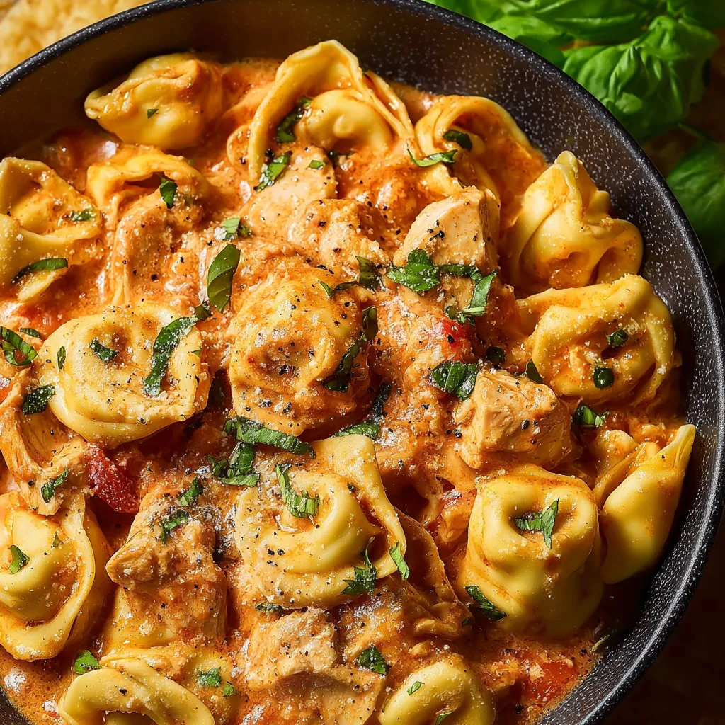 Creamy CrockPot Chicken Tortellini dish with tender chicken, cheese-filled tortellini, and a rich, creamy sauce.