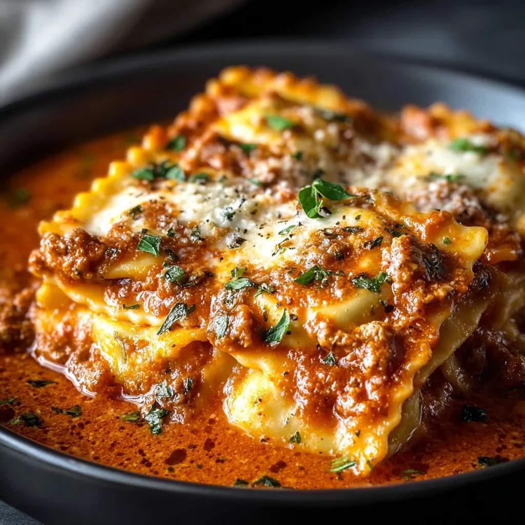 A delicious creamy crockpot ravioli lasagna dish with layers of pasta, cheese, and a rich tomato sauce.