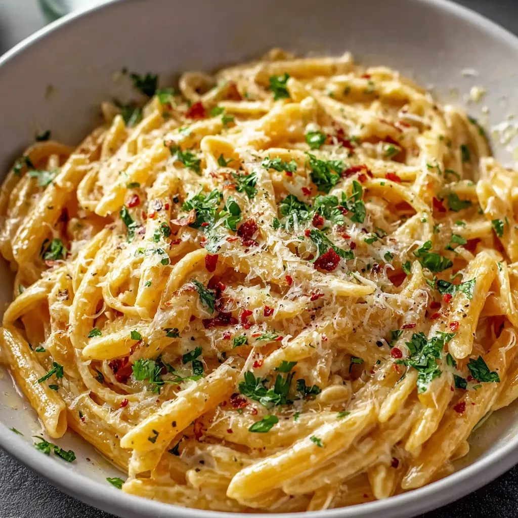 Close-up shot showcasing the creamy texture and garlic-infused sauce of the Creamy Garlic Pasta dish.