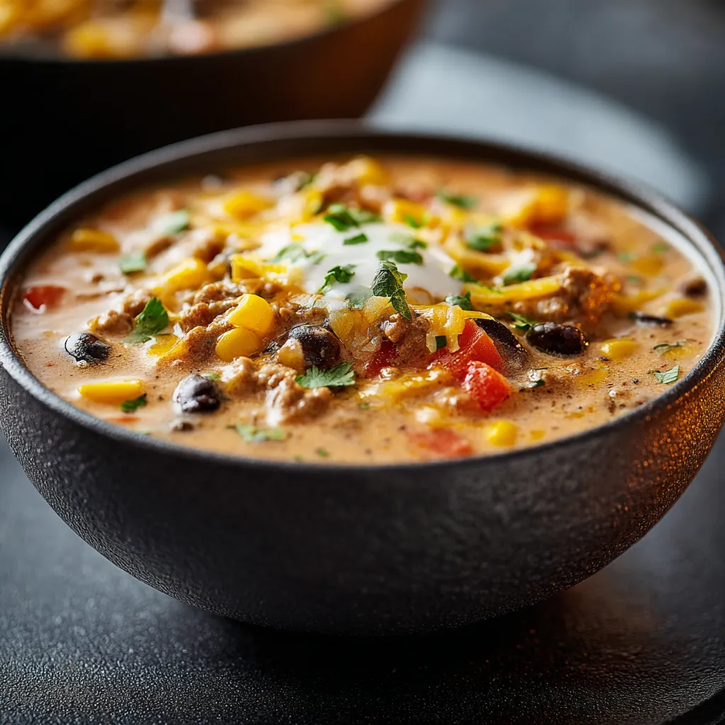 Creamy high protein taco soup served in a white bowl with fresh garnishes.