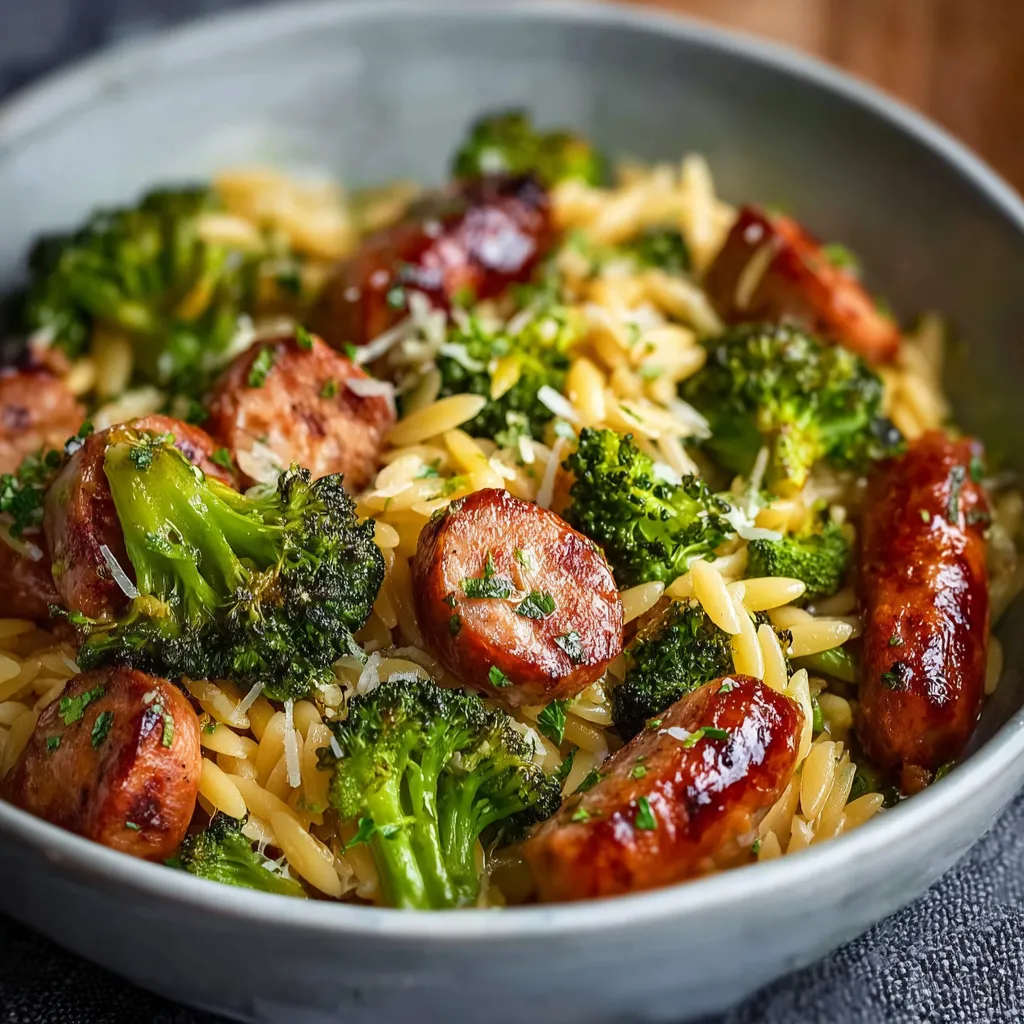 Creamy lemon chicken orzo dish served in a white bowl with fresh herbs.