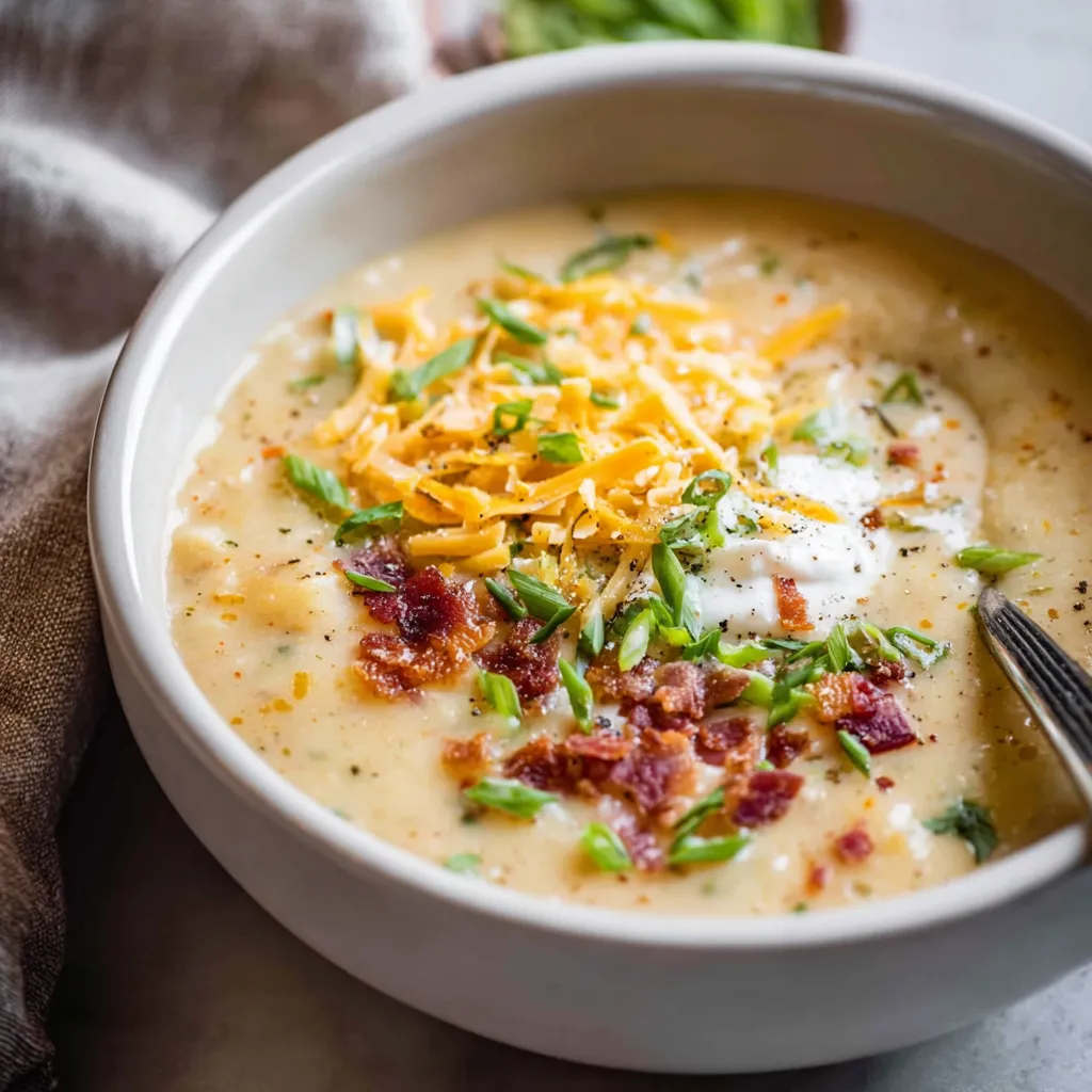 Creamy Mac and Cheese Soup in a white bowl with garnish.