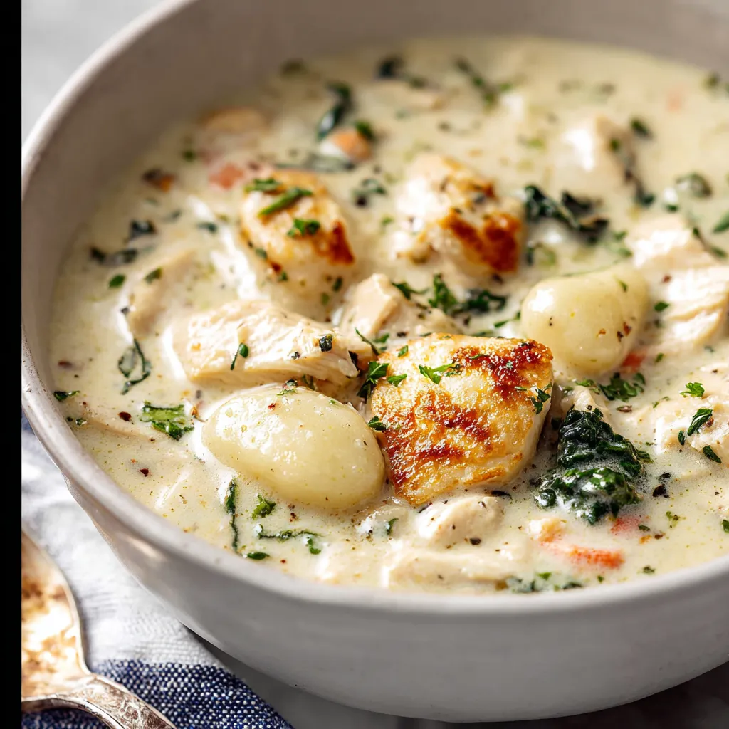 Creamy Olive Garden Chicken Gnocchi Soup in a white bowl, garnished with fresh herbs.