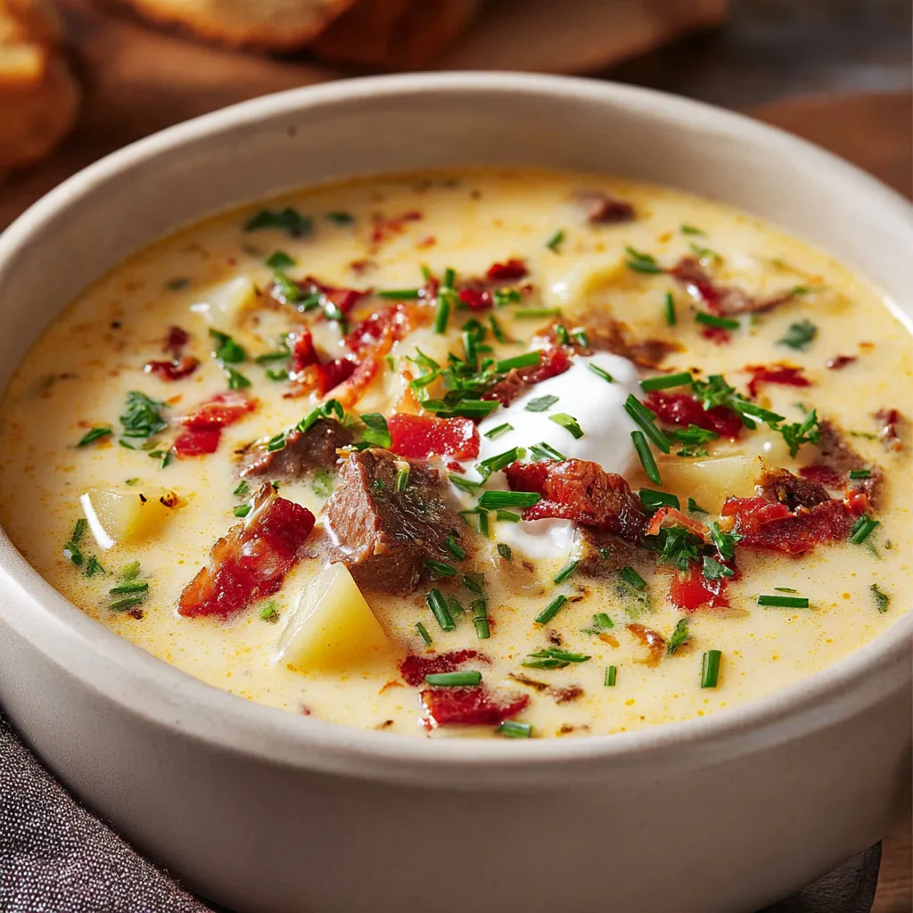 Creamy Philly cheesesteak soup with tender beef, melted cheese, and aromatic vegetables in a rich, creamy broth.