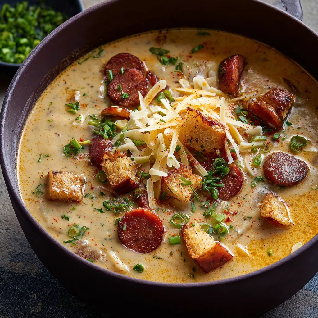 Creamy Potato Soup served in a white bowl garnished with fresh chives and croutons.