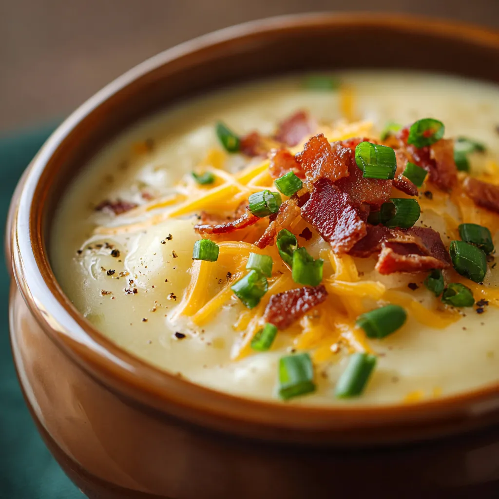 Creamy Potato Soup served in a white bowl with fresh herbs and crusty bread.