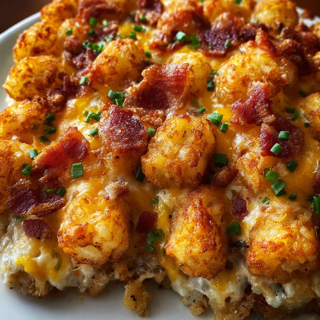 Crispy Chicken Bacon Ranch Tater Tot Casserole, a delectable dish featuring a savory combination of tender chicken, crispy bacon, and tater tots.