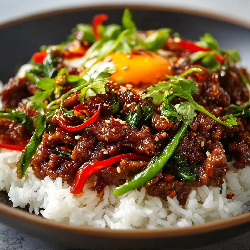 Crispy Chilli Beef Rice dish with steaming hot rice, tender beef, and a spicy chili sauce.