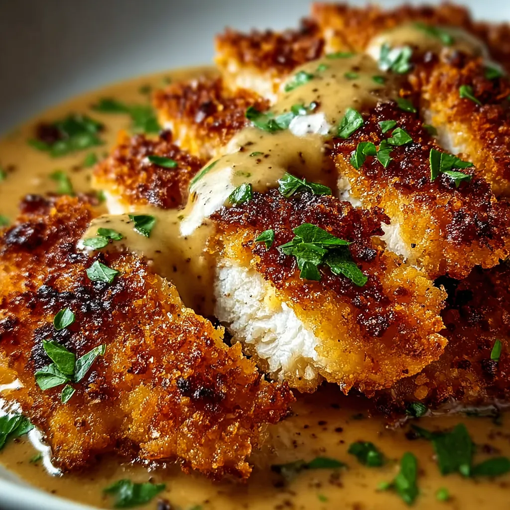 Crispy, golden-brown Parmesan chicken on a plate, garnished with fresh herbs.