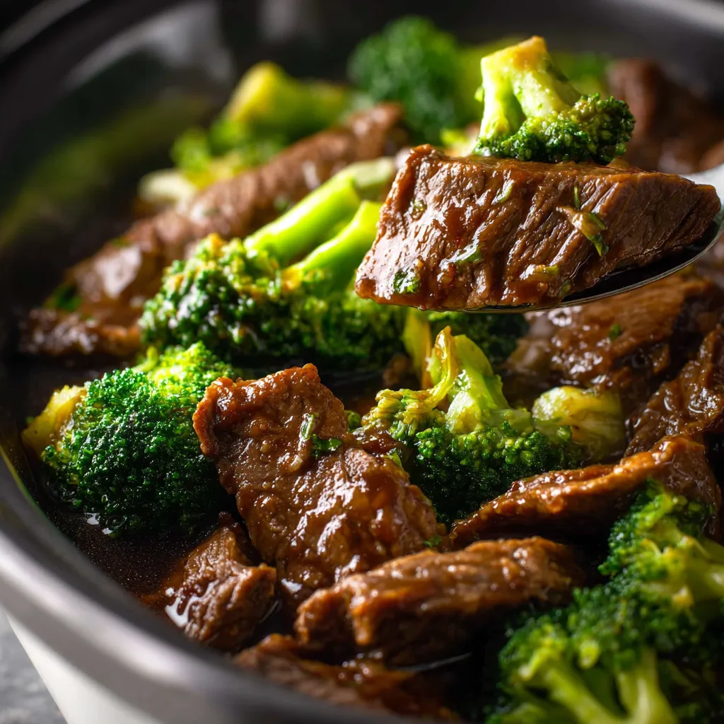 Delicious Crock Pot Beef and Broccoli dish served on a plate.