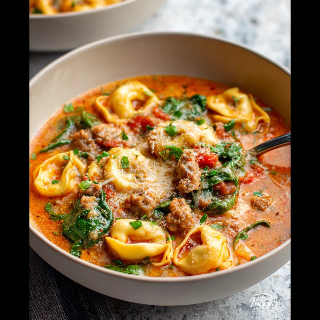 Close-up of a bowl of delicious Crockpot Tortellini Soup, showcasing the creamy broth, cheesy tortellini, and fresh spinach.