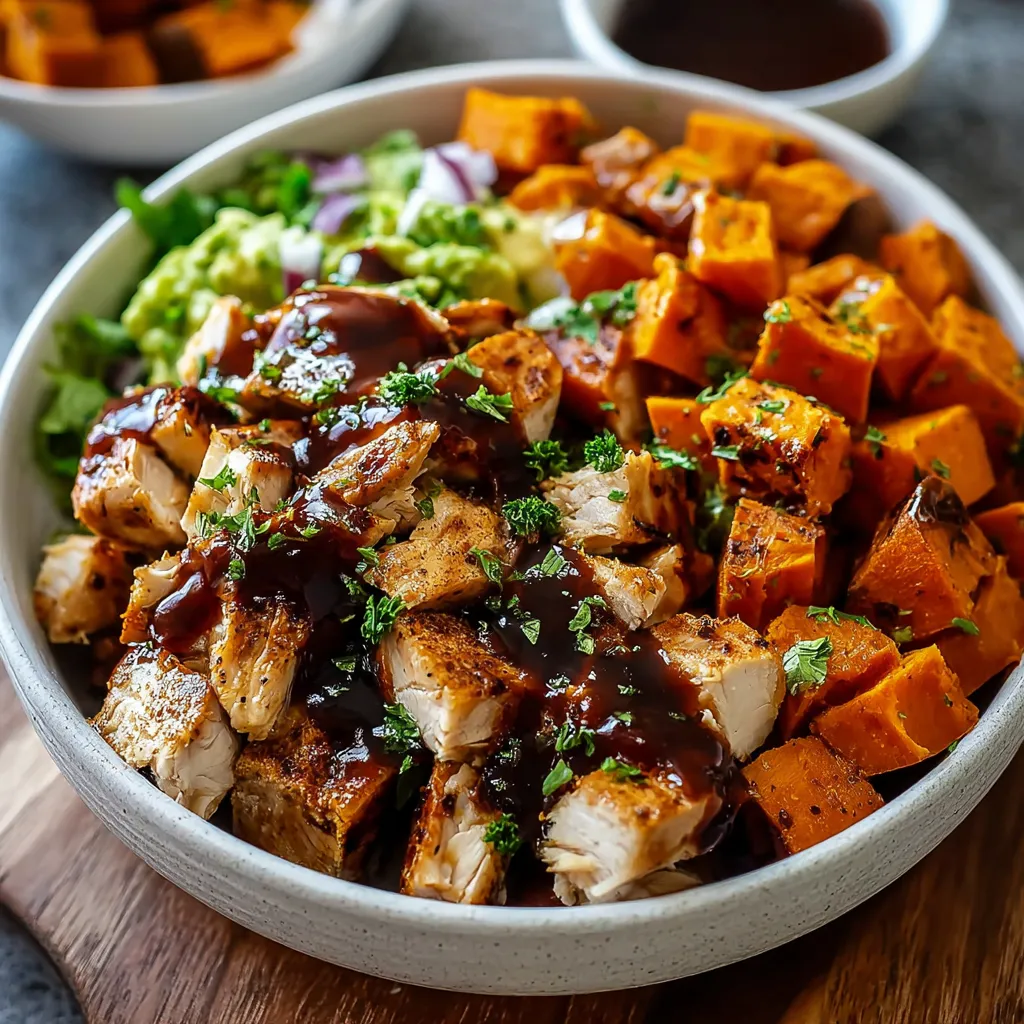 Close-up shot of a delicious BBQ Chicken Sweet Potato Bowl, showcasing the vibrant colors and textures of the dish.
