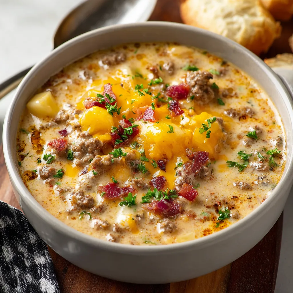 A close-up view of creamy Cheeseburger Soup, ready to be served as a comforting meal.