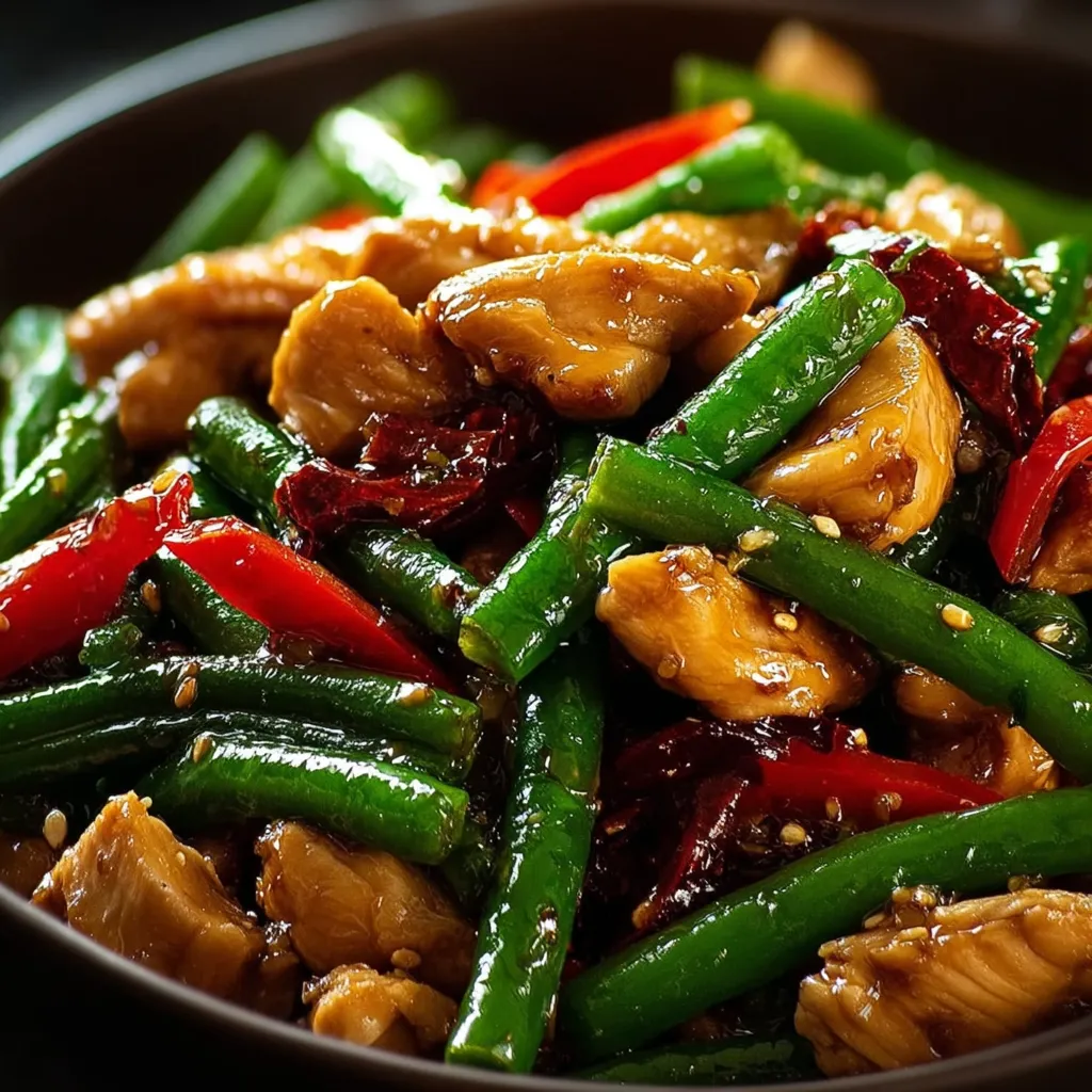Delicious chicken and green bean stir-fry dish with fresh vegetables and savory sauce.