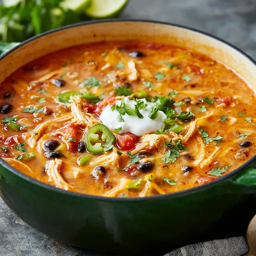 Close-up view of a bowl of delicious Chicken Enchilada Soup, showcasing its rich broth and colorful toppings.