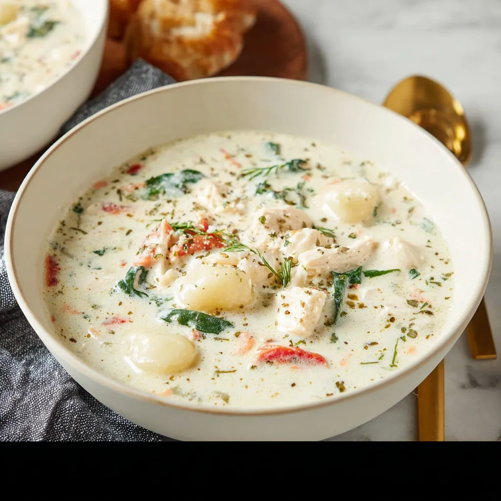 Close-up of creamy Chicken Gnocchi Soup in a bowl, highlighting the tender chicken and soft gnocchi.