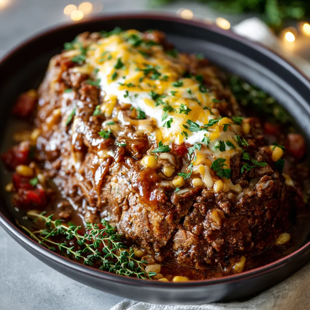 Close-up of a cheesy and layered Taco Casserole in a baking dish, ready to be served.
