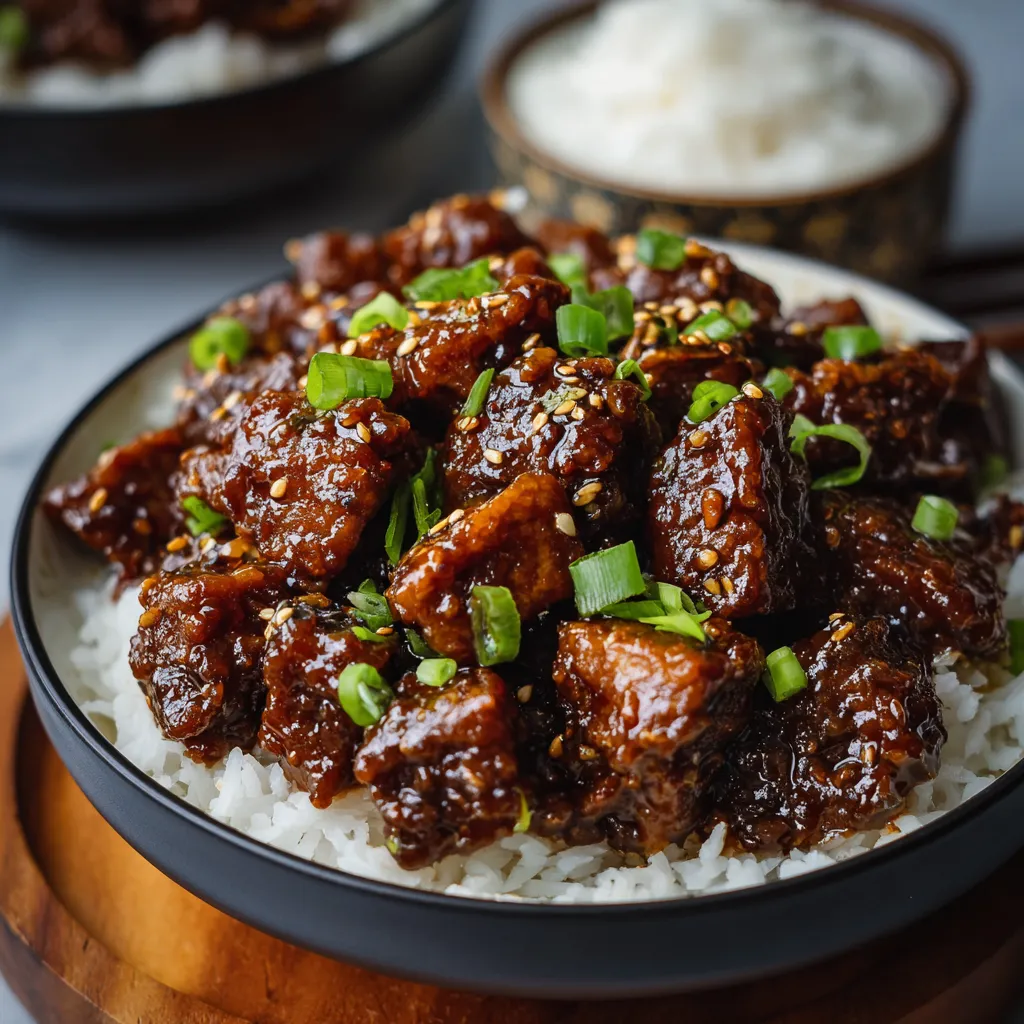 A close-up shot showcases a vibrant plate of General Tso's Chicken with its glistening sauce and garnished with green onions.
