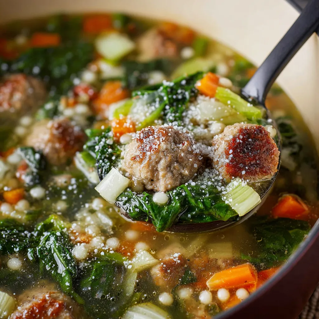 Close-up view of flavorful Italian Wedding Soup in a white bowl, showcasing the tiny meatballs, greens, and broth.