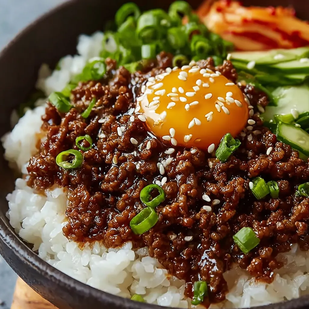 Close-up of a flavorful Korean Ground Beef Bowl, showcasing the seasoned ground beef, vibrant vegetables, and toppings.