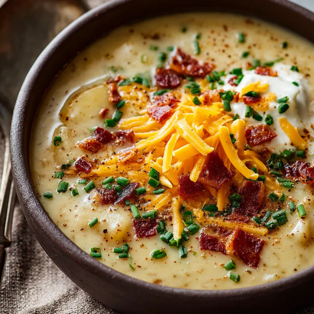 Creamy Loaded Potato Soup is pictured in a bowl, ready to be enjoyed as part of a hearty meal.