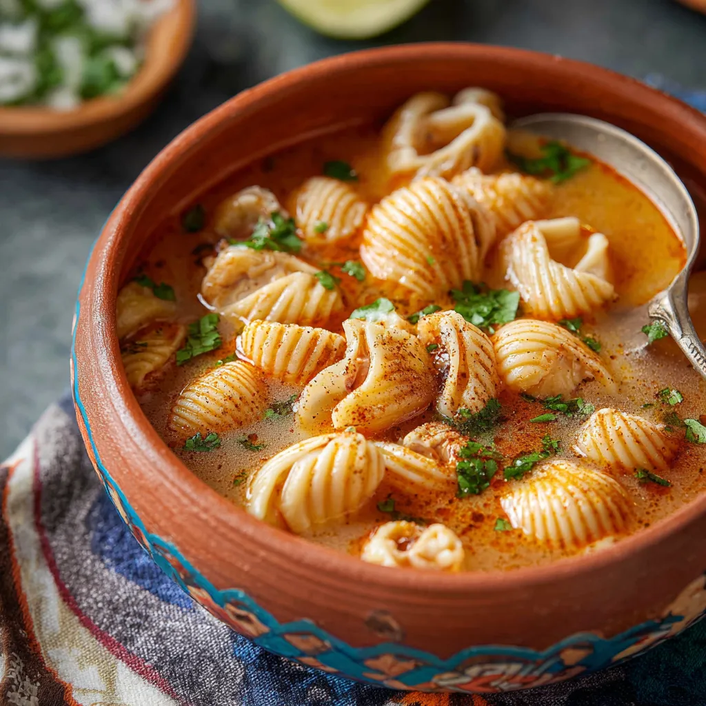 A close-up shot showcases a steaming bowl of Mexican Sopa De Conchas, highlighting the shell-shaped pasta in a flavorful tomato broth.
