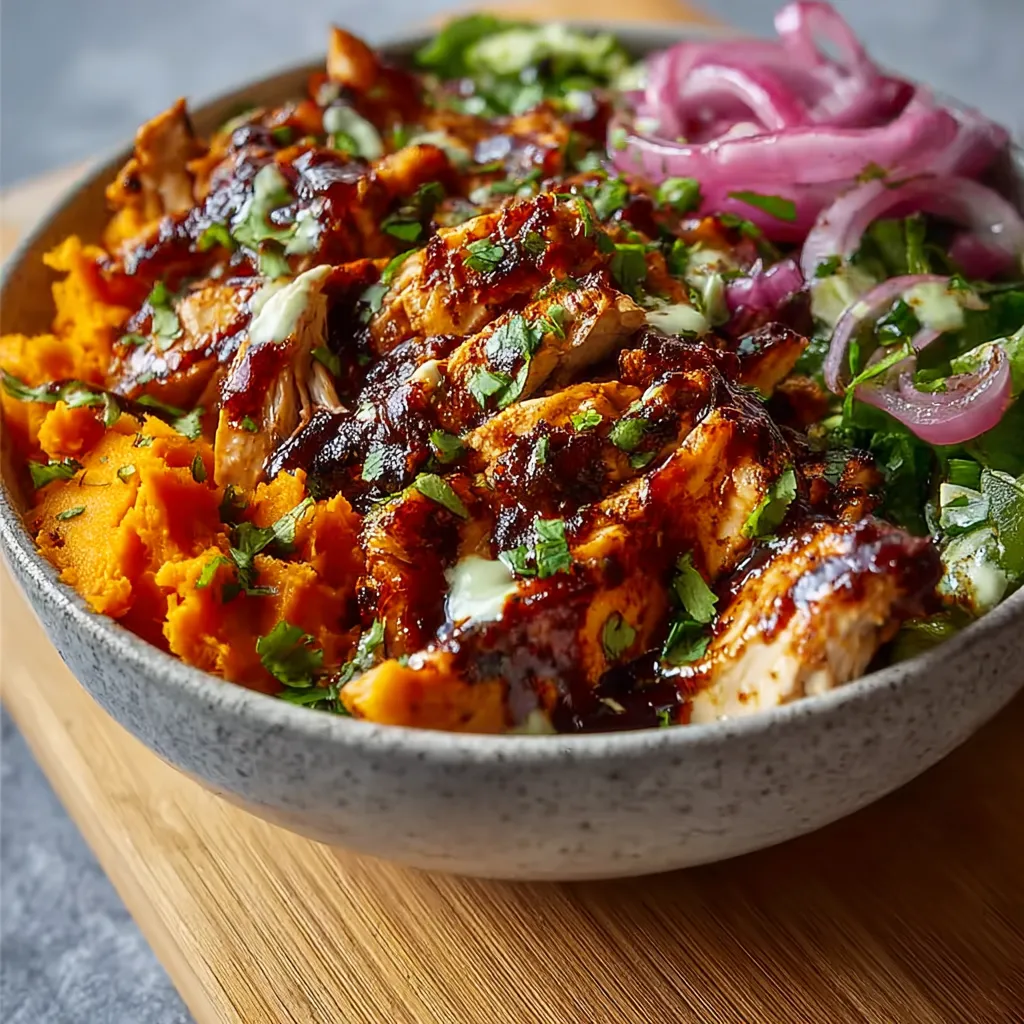 A delicious BBQ chicken sweet potato bowl with roasted vegetables and fresh herbs.