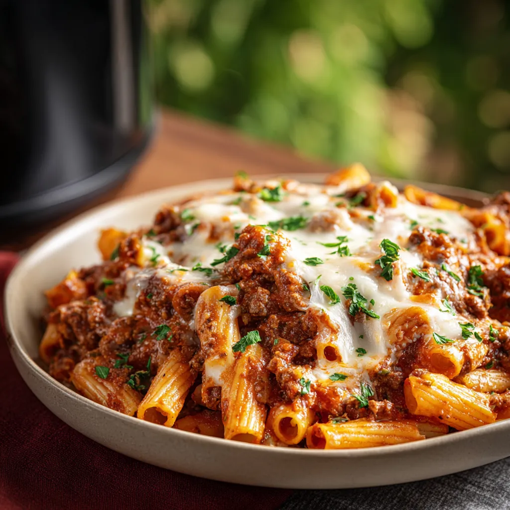 A delicious dish of Slow Cooker Baked Ziti, featuring layers of pasta, cheese, and tomato sauce, prepared in a slow cooker.