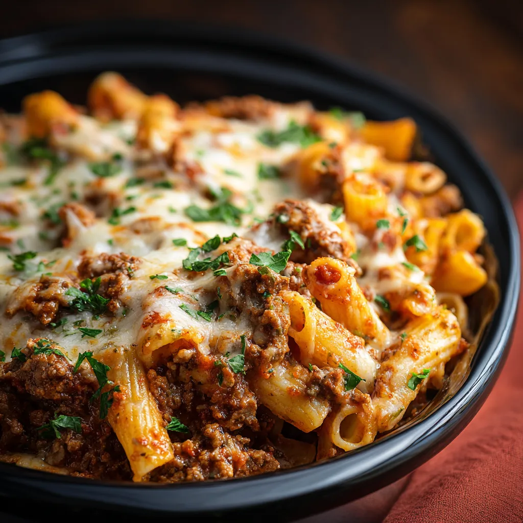 A bubbling Slow Cooker Baked Ziti is shown, ready to be served as a hearty and comforting meal.