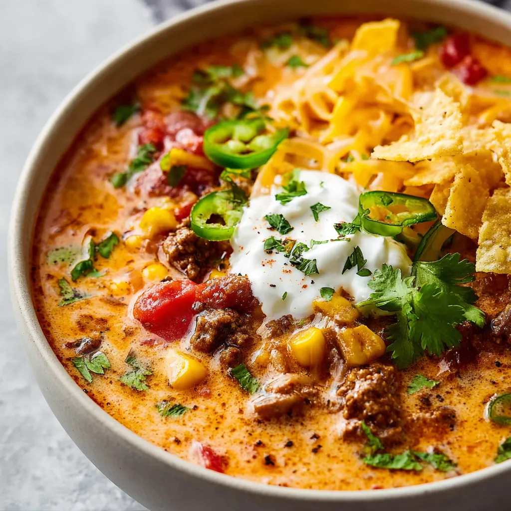 Hearty Taco Soup simmers in a pot, showcasing a delicious and easy weeknight meal option.