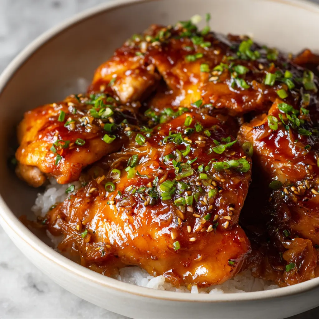 Slow cooker honey garlic chicken dish served on a plate with garnishes.