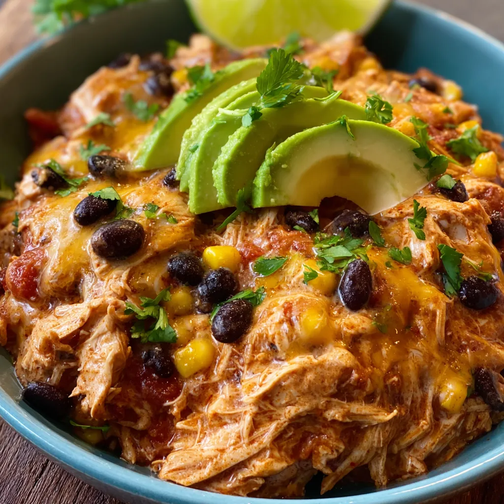 Savory Fiesta Chicken Crock Pot dish with vibrant vegetables and spices.