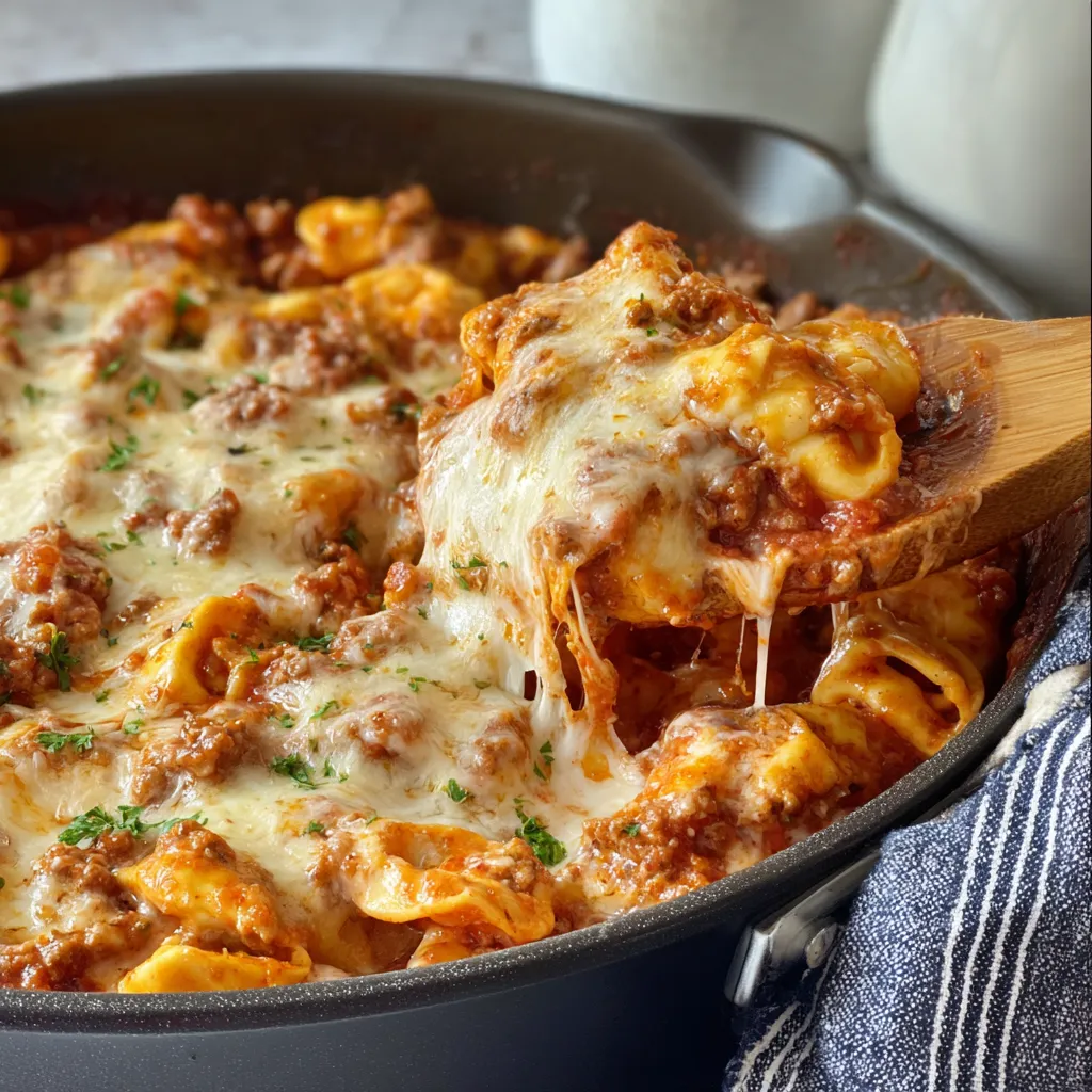 Cheesy baked tortellini with a rich meaty sauce, served in a baking dish.