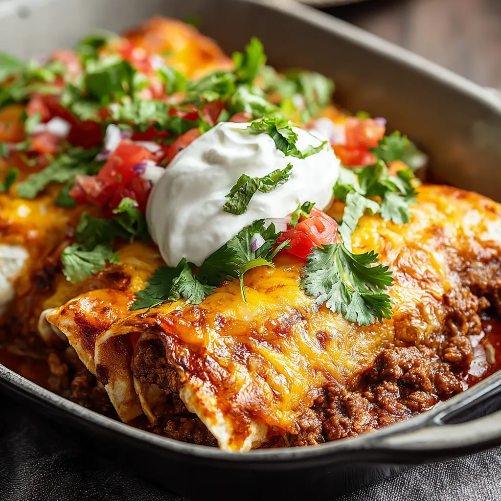 Delicious cheesy beef enchiladas with melted cheese, savory beef, and flavorful spices.