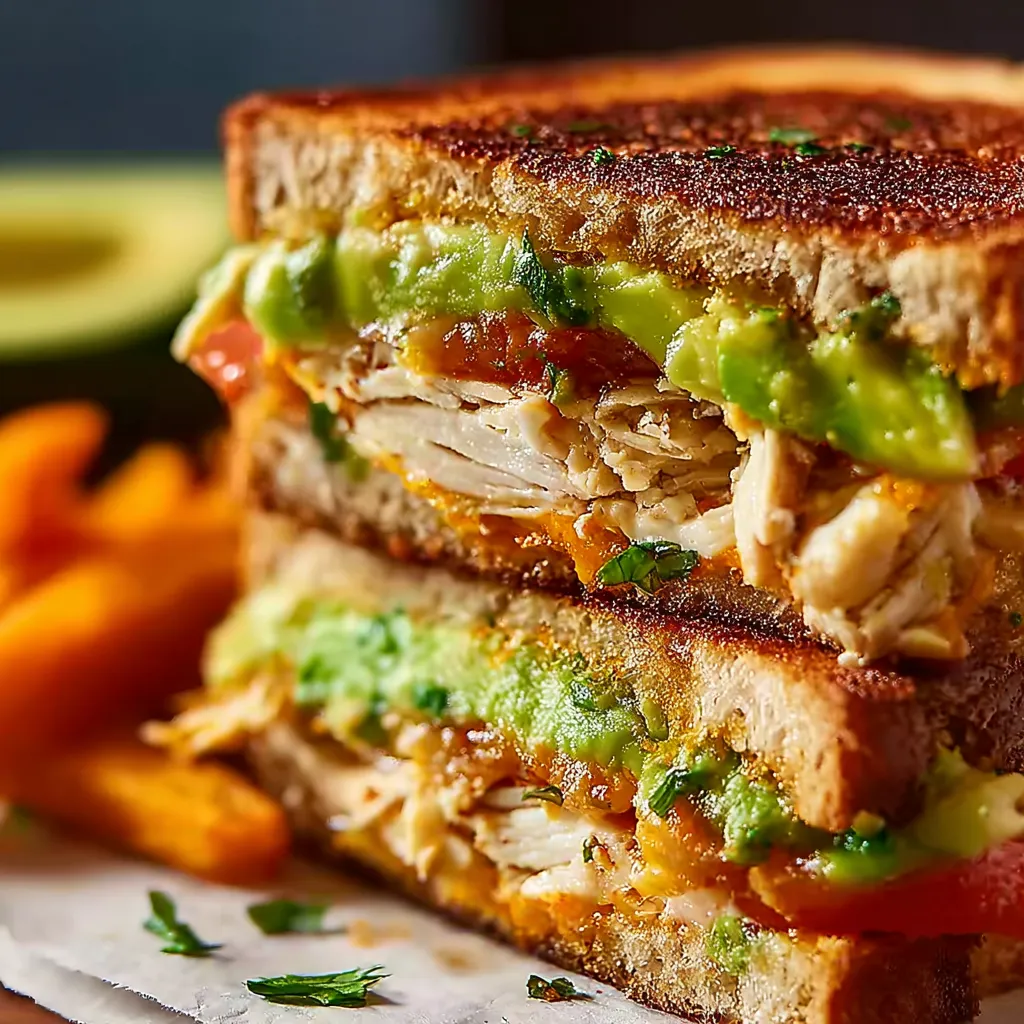 A delicious Chicken Avocado Melt Sandwich with melted cheese, avocado, and grilled chicken on toasted bread.