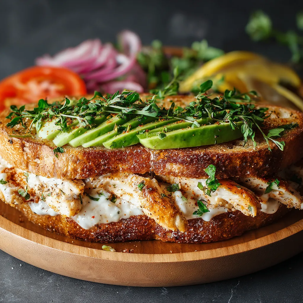 A delicious Chicken Avocado Melt Sandwich with melted cheese, avocado, and chicken between two slices of bread.