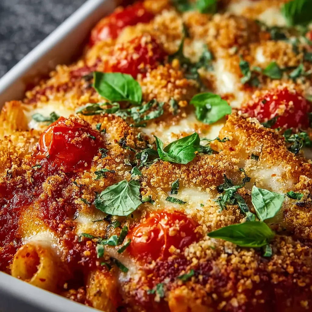 A delicious Chicken Parmesan Casserole dish with melted cheese, breaded chicken, and tomato sauce.