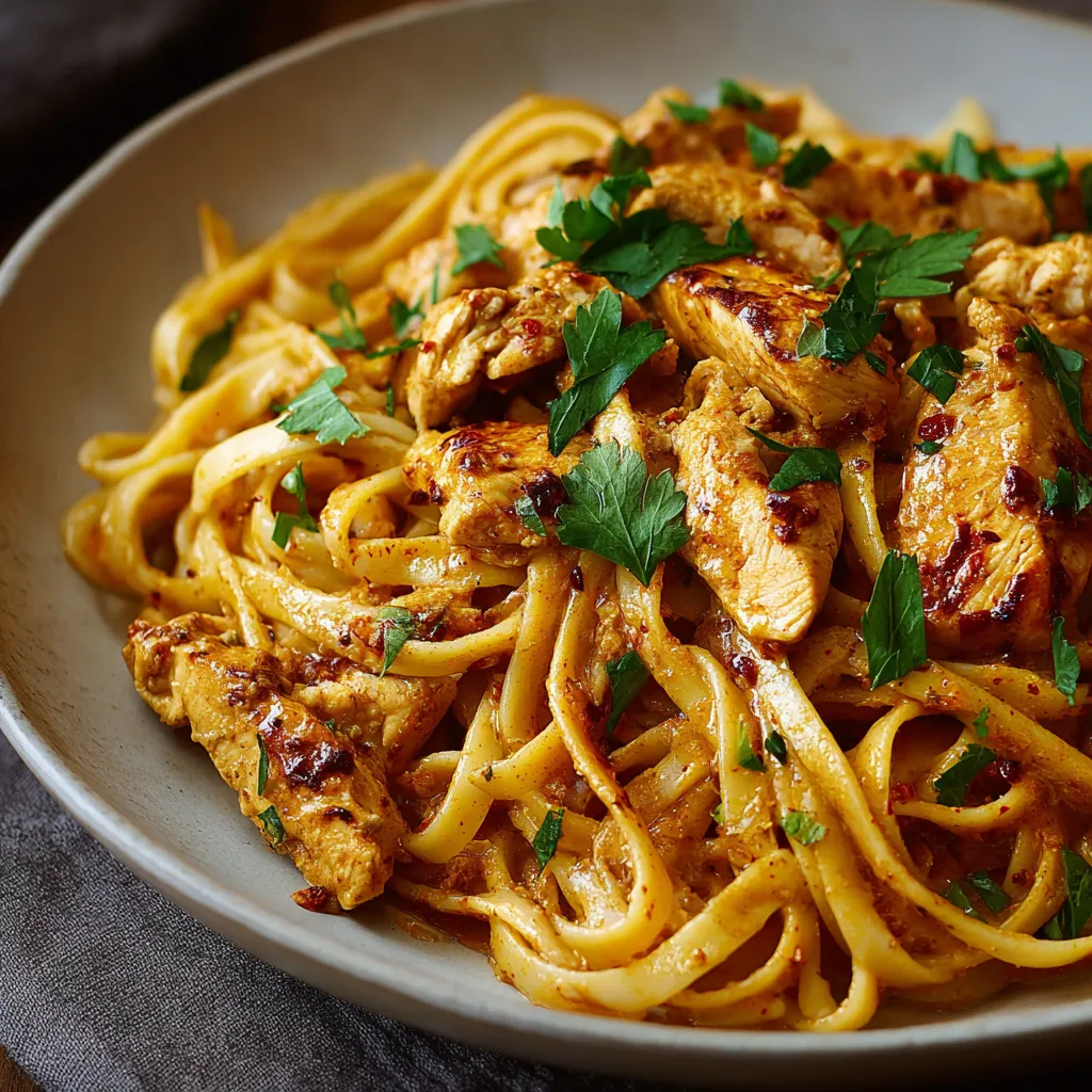 A plate of creamy Cowboy Butter Chicken Pasta with tender chicken, rich sauce, and pasta.