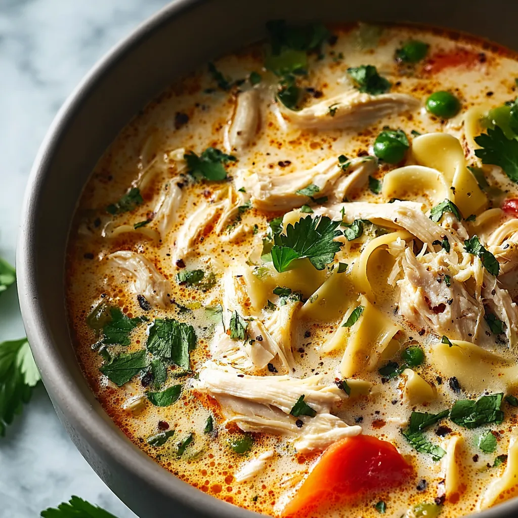Creamy chicken noodle soup in a bowl, with tender chicken, noodles, and a rich, velvety broth.