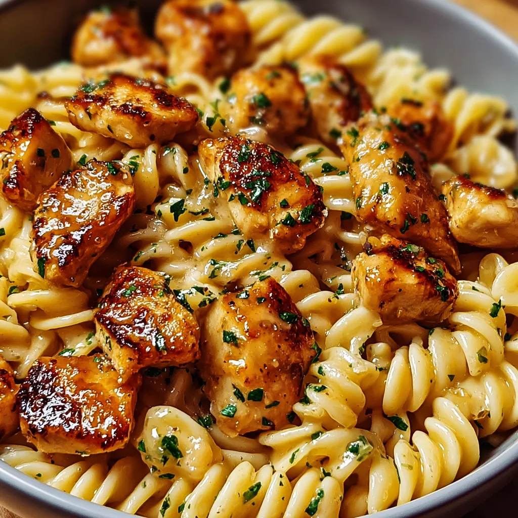 Creamy Garlic Butter Chicken Pasta dish with pasta, chicken, and a creamy garlic butter sauce.