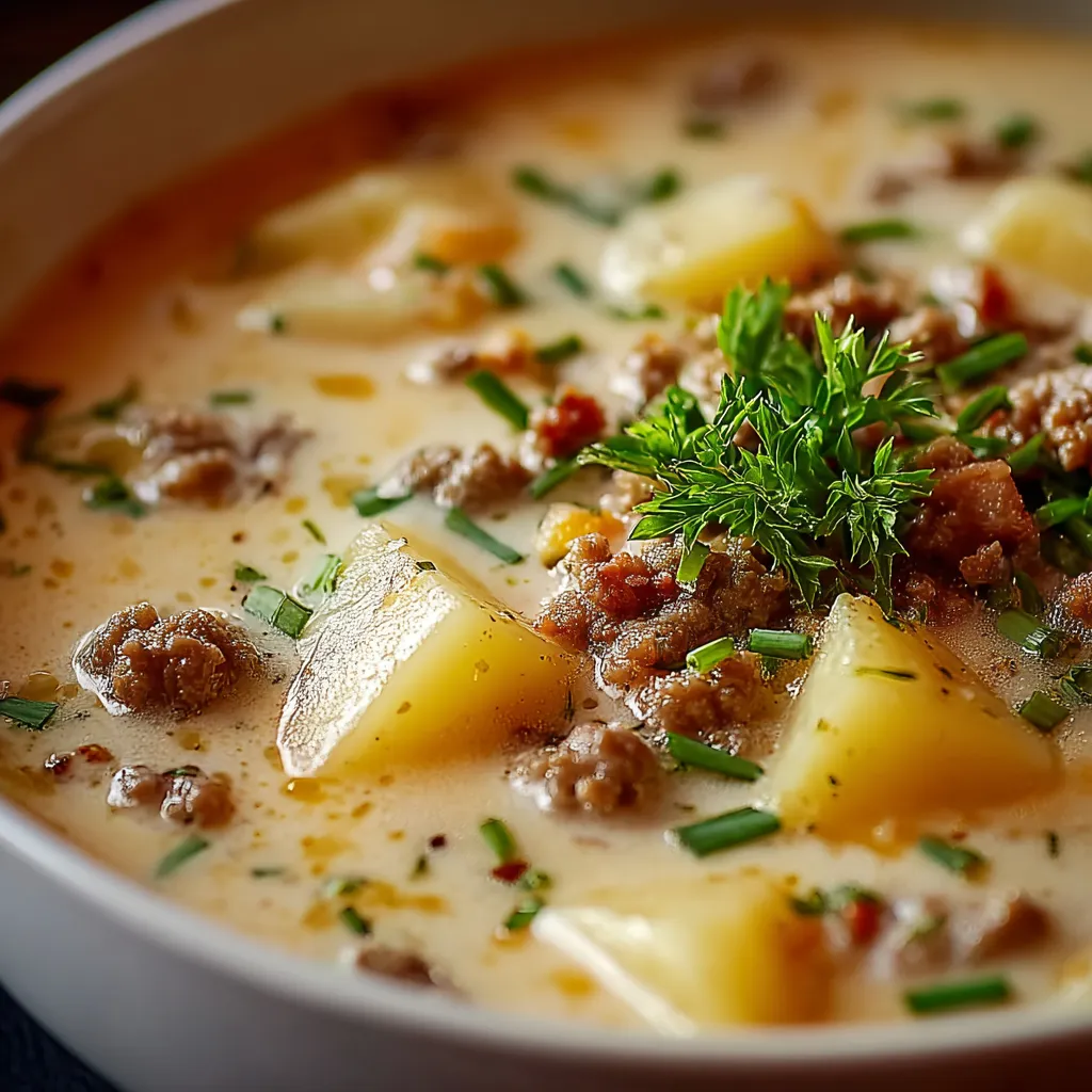 Creamy Sausage Tortellini Soup in a bowl, garnished with fresh herbs and parmesan cheese.