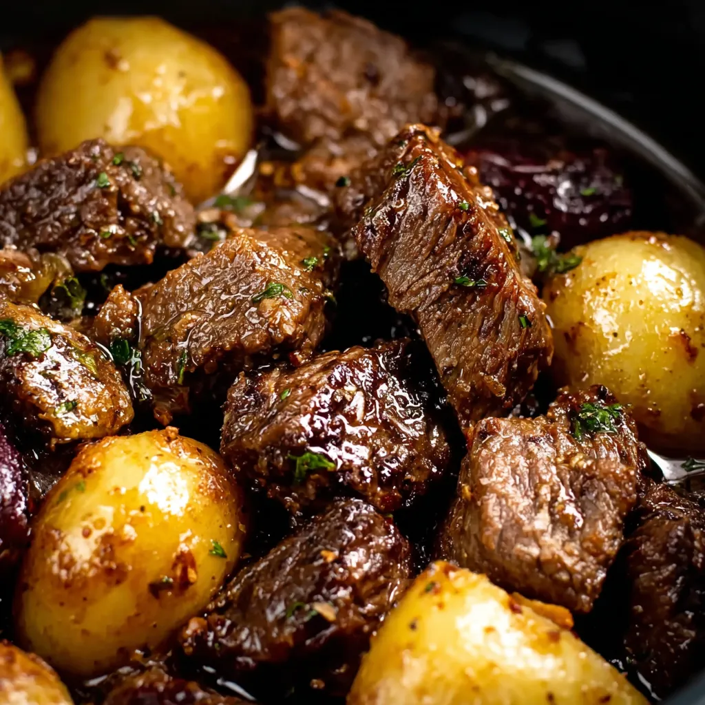 Crockpot Garlic Butter Beef Bites with Potatoes: A delectable dish featuring tender beef bites simmered in a savory garlic butter sauce, served alongside roasted potatoes.