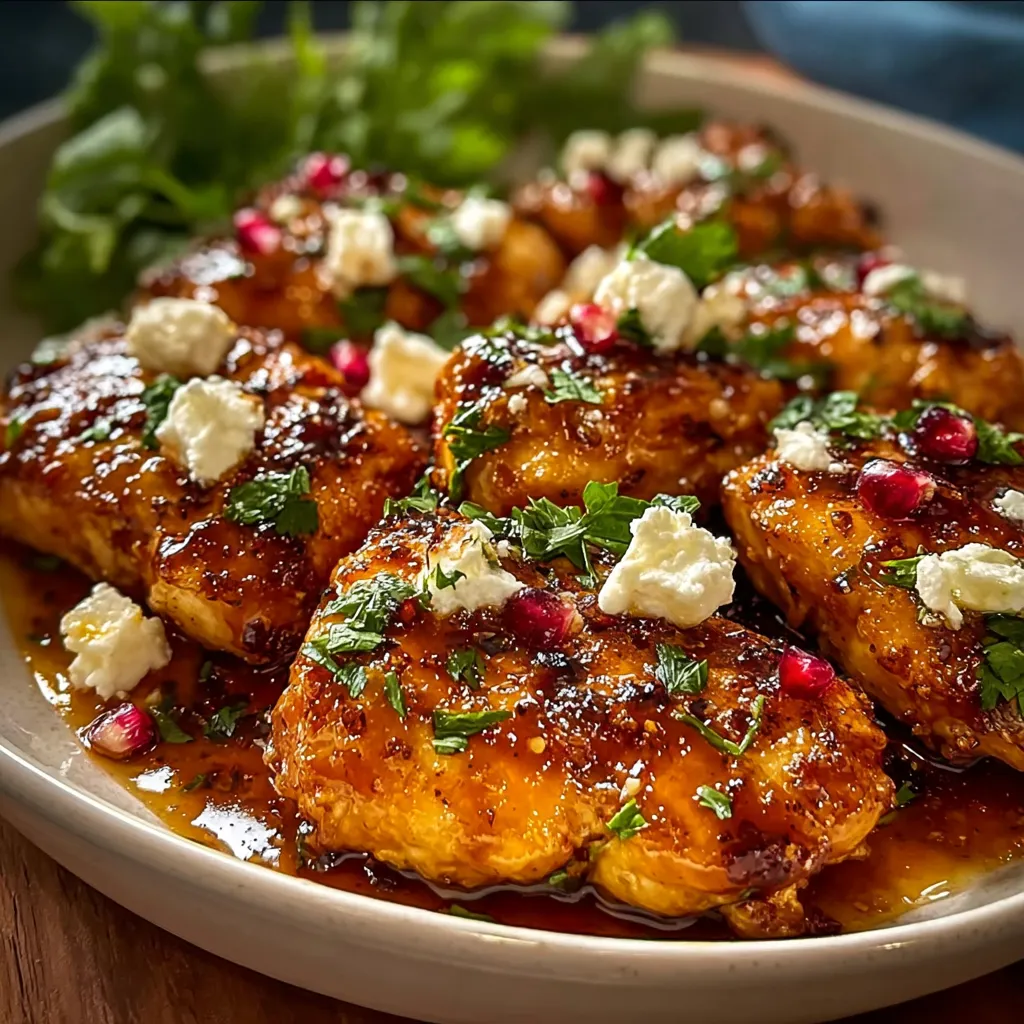A delicious and savory dish of hot honey-glazed chicken with crumbled feta cheese.