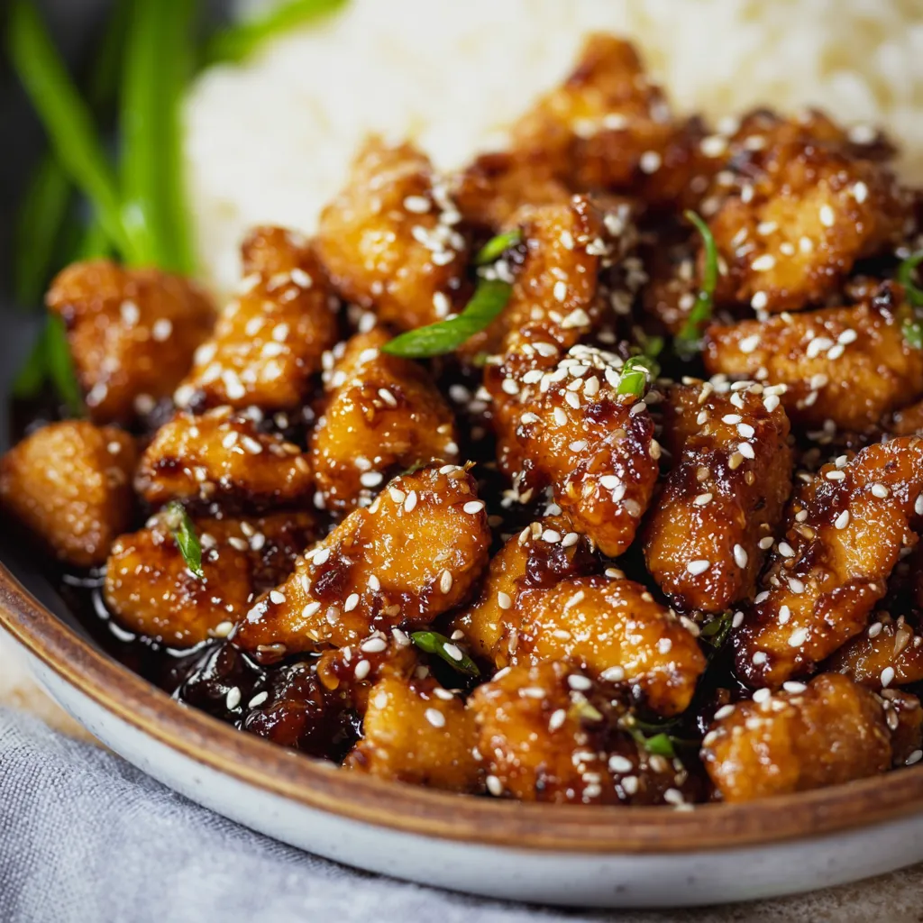 Delectable plate of Sesame Chicken, a savory Asian dish with tender chicken coated in a sweet and tangy sesame-infused sauce.
