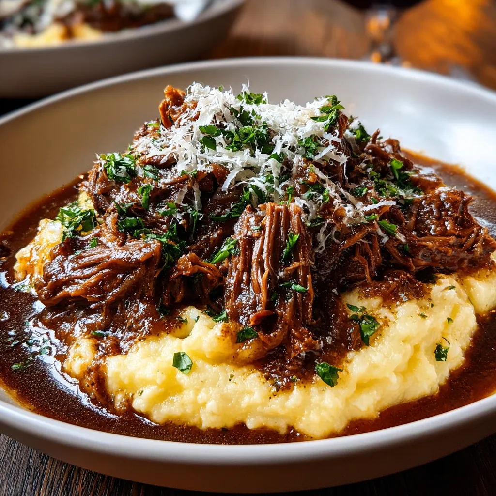 A delectable dish of Short Rib Ragu with Parmesan Mashed Potatoes, garnished with fresh herbs and served on a rustic wooden table.